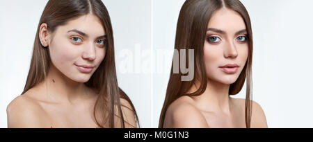 Comparison portrait of a beautiful girl without makeup and with makeup on her face. Stock Photo