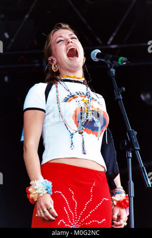 Cerys Matthews performing in Catatonia at The T in The park Festival 1998, Balado airfield, Kinross-shire, Scotland, United Kingdom. Stock Photo