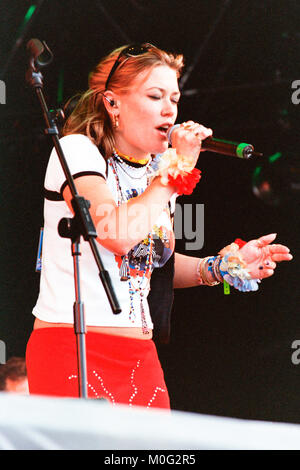 Cerys Matthews performing in Catatonia at The T in The park Festival 1998, Balado airfield, Kinross-shire, Scotland, United Kingdom. Stock Photo