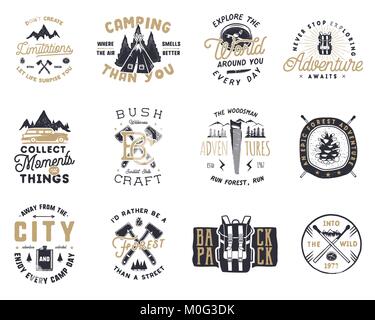 Vintage hand drawn travel badge and emblem set. Hiking labels. Outdoor adventure inspirational logos. Typography retro style. Motivational quotes for prints, t shirts, mug, tee. Stock vector design Stock Vector