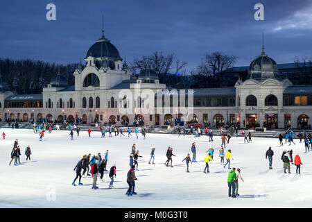 Large winter Ice rink in Budapest at night Stock Photo