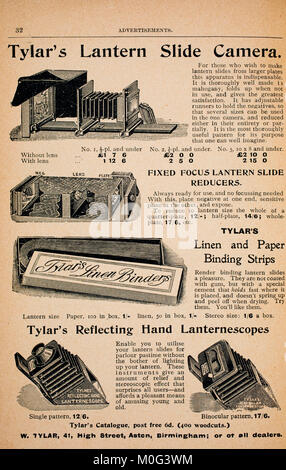 Tylars Photographic Lantern Slide Camera advertisement from Photography In A Nutshell, by The Kernel Iliffe & Sons, 1901 Stock Photo