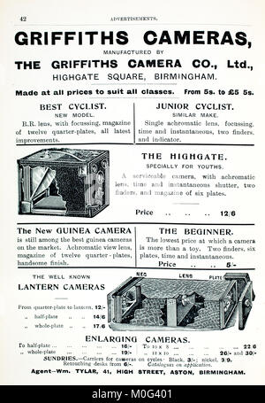 Griffiths Cameras advertisements from Photography In A Nutshell, by The Kernel, Iliffe & Sons, 1901 Stock Photo