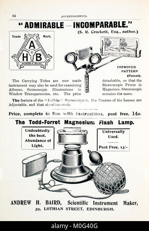 Stereo Viewer and Magnesium Flash advertisements from Photography In A Nutshell, by The Kernel, Iliffe & Sons, 1901 Stock Photo
