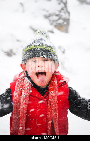 winter portrait of eight year old boy sticking his tongue out to catch snowflakes in a mild blizzard in the Cevennes, France Stock Photo