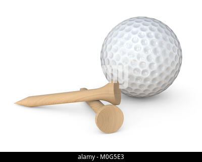 Classic white Golf Ball and 2 wooden tees pegs on white background. 3d Render. Stock Photo