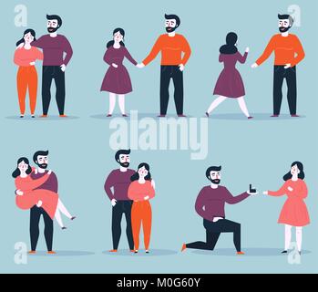 Relationship stages of young couple from dating to engagement. An offer of marriage. Romantic relationship. Man proposes a woman to marry him and give Stock Vector