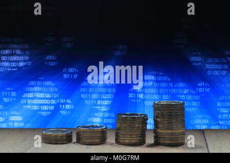 Growing business in safe internet environment. Coin pile stacked into columns of increasing chart shape. Photo of computer screen display with White B Stock Photo