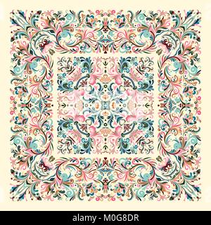 Decorative colorful background, geometric floral doodle pattern with ornate lace frame. Bandanna shawl, tablecloth fabric print, silk neck scarf, kerchief design Stock Vector