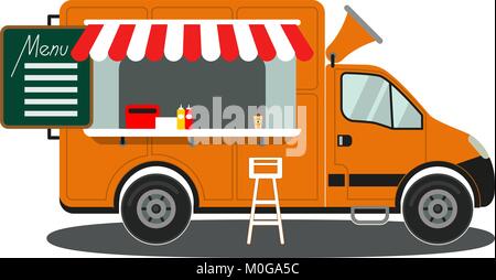 Orange food truck side view menu coffee white chair poster Stock Vector