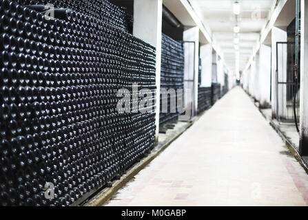 Perspective view of rows of wine bottles on the shelves of a vinery wine cellar Stock Photo