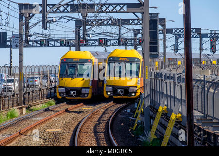 Warata Trains Arriving and Departing at the Milsons Point Station in Sydney, New South Wales (NSW), Australia Stock Photo