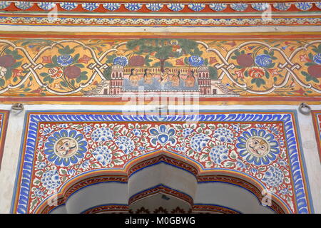 NAWALGARH, RAJASTHAN, INDIA - DECEMBER 25, 2017: details of paintings inside Poddar Haveli Stock Photo