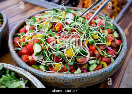 Variety of gourmet vegan food prepared and served.  Only healthy Ingredients. Stock Photo