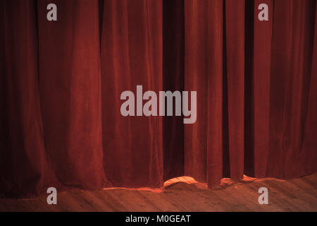 Red velvet curtain and wooden stage, background photo texture Stock Photo
