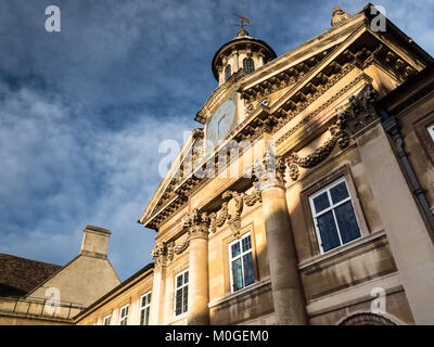 The Clocktower in the Front Court at Emmanuel College, part of the University of Cambridge, UK. The college was founded in 1584. Architect: Wren Stock Photo