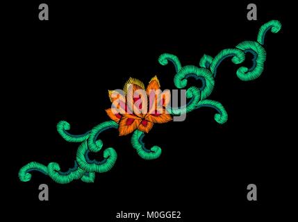 National Korean oriental embroidery imitation ornament. Lotus flower jade curl decoration fashion style design template. Ethnic asian vector illustration Stock Vector