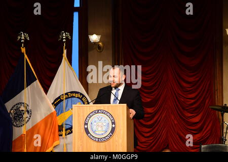 New York City, United States. 21st Jan, 2018. NY City Council member Corey Johnson speaks. DA-elect Eric Gonzalez was sworn in officially by NY State Chief Justice Janet DiFiore as King's County's 33rd District Attorney. Gonzalez recited the pledge surrounded by his wife, children & mother. He will be New York City's first Latino district attorney. Credit: Andy Katz/Pacific Press/Alamy Live News Stock Photo