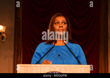 New York City, United States. 21st Jan, 2018. NYC Public Advocate Letitia James. DA-elect Eric Gonzalez was sworn in officially by NY State Chief Justice Janet DiFiore as King's County's 33rd District Attorney. Gonzalez recited the pledge surrounded by his wife, children & mother. He will be New York City's first Latino district attorney. Credit: Andy Katz/Pacific Press/Alamy Live News Stock Photo