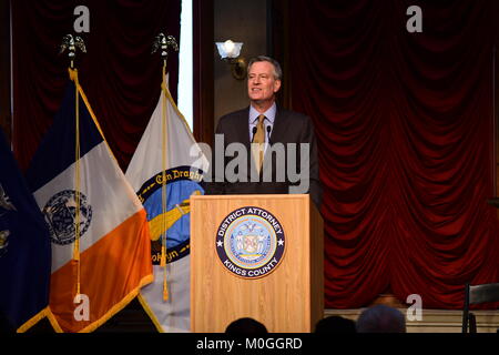 New York City, United States. 21st Jan, 2018. Mayor Bill de Blasio speaks. DA-elect Eric Gonzalez was sworn in officially by NY State Chief Justice Janet DiFiore as King's County's 33rd District Attorney. Gonzalez recited the pledge surrounded by his wife, children & mother. He will be New York City's first Latino district attorney. Credit: Andy Katz/Pacific Press/Alamy Live News Stock Photo