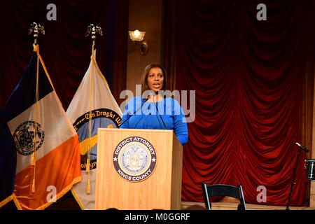 New York City, United States. 21st Jan, 2018. NY City Public Advocate Letitia James speaks. DA-elect Eric Gonzalez was sworn in officially by NY State Chief Justice Janet DiFiore as King's County's 33rd District Attorney. Gonzalez recited the pledge surrounded by his wife, children & mother. He will be New York City's first Latino district attorney. Credit: Andy Katz/Pacific Press/Alamy Live News Stock Photo