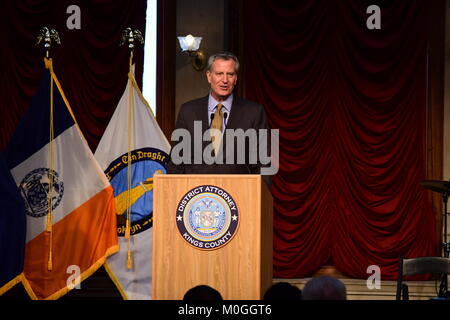 New York City, United States. 21st Jan, 2018. NYC Mayor Bill de Blasio speaks. DA-elect Eric Gonzalez was sworn in officially by NY State Chief Justice Janet DiFiore as King's County's 33rd District Attorney. Gonzalez recited the pledge surrounded by his wife, children & mother. He will be New York City's first Latino district attorney. Credit: Andy Katz/Pacific Press/Alamy Live News Stock Photo