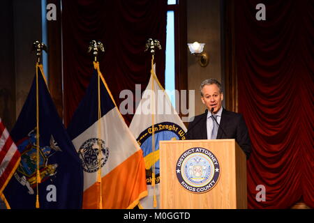 New York City, United States. 21st Jan, 2018. NY Attorney General Eric Schneiderman speaks. DA-elect Eric Gonzalez was sworn in officially by NY State Chief Justice Janet DiFiore as King's County's 33rd District Attorney. Gonzalez recited the pledge surrounded by his wife, children & mother. He will be New York City's first Latino district attorney. Credit: Andy Katz/Pacific Press/Alamy Live News Stock Photo