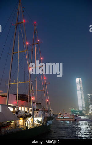 Hong Kong. 21st January, 2018. The Greenpeace ship Rainbow Warrior docked in Hong Kong. Greenpeace are campaigning against the use of plastic, Hong Kong, China. Credit: Bob Henry/Alamy Live News Stock Photo