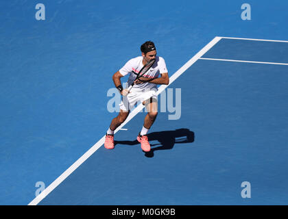 Melbourne, Australia. 22nd Jan, 2018. Swiss tennis player Roger Federer is in action during his 4th round match at the Australian Open vs Hungarian tennis player Marton Fucsovics on Jan 22, 2018 in Melbourne, Australia- Credit: Yan Lerval/Alamy Live News Stock Photo