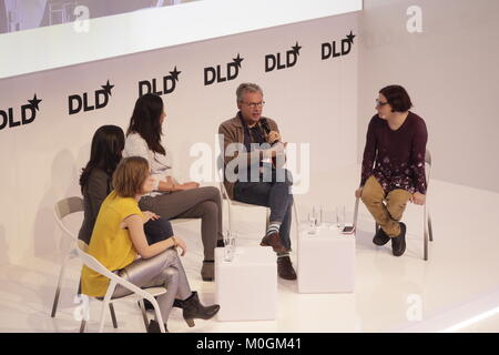 MUNICH/GERMANY - JANUARY, 21: (L-R) Ida Tin (Clue), Piraye Yurttas  Beim (Celmatix), Tania Boler (Elvie), Martin Varsavsky (Prelude Fertilitly), Ina Fried (AXIOS) in conversation at a panel discussion during  DLD18 (Digital-Life-Design) Conference at the Bayerischer Staatsbank on January 21th, 2018  in Munich, Germany (Photo: picture alliance / Gandalf Hammerbacher) | usage worldwide Stock Photo