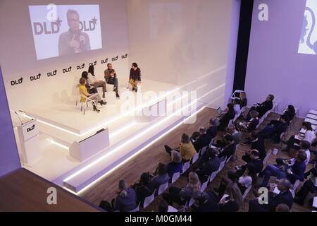 MUNICH/GERMANY - JANUARY, 21: (L-R) Ida Tin (Clue), Piraye Yurttas  Beim (Celmatix), Tania Boler (Elvie), Martin Varsavsky (Prelude Fertilitly), Ina Fried (AXIOS) in conversation at a panel discussion during  DLD18 (Digital-Life-Design) Conference at the Bayerischer Staatsbank on January 21th, 2018  in Munich, Germany (Photo: picture alliance / Gandalf Hammerbacher) | usage worldwide Stock Photo