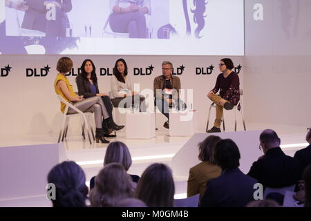 MUNICH/GERMANY - JANUARY, 21: (L-R) Ida Tin (Clue), Piraye Yurttas  Beim (Celmatix), Tania Boler (Elvie), Martin Varsavsky (Prelude Fertilitly), Ina Fried (AXIOS) in conversation at a panel discussion during  DLD18 (Digital-Life-Design) Conference at the Bayerischer Staatsbank on January 21th, 2018  in Munich, Germany (Photo: picture alliance / Gandalf Hammerbacher) | usage worldwide Stock Photo