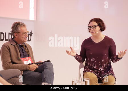 MUNICH/GERMANY - JANUARY, 21: (L-R) Martin Varsavsky (Prelude Fertility), Ina Fried (AXIOS) take part in a panel discussion during  DLD18 (Digital-Life-Design) Conference at the Bayerischer Staatsbank on January 21th, 2018  in Munich, Germany (Photo: picture alliance / Gandalf Hammerbacher) | usage worldwide Stock Photo