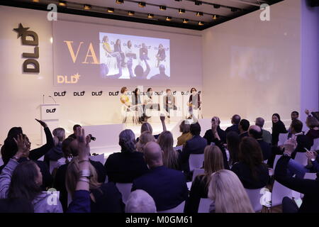 MUNICH/GERMANY - JANUARY, 21: (L-R) Ida Tin (Clue), Piraye Yurttas  Beim (Celmatix), Tania Boler (Elvie), Martin Varsavsky (Prelude Fertilitly), Ina Fried (AXIOS) in conversation at a panel discussion during  DLD18 (Digital-Life-Design) Conference at the Bayerischer Staatsbank on January 21th, 2018  in Munich, Germany (Photo: picture alliance / Gandalf Hammerbacher) | usage worldwide Stock Photo