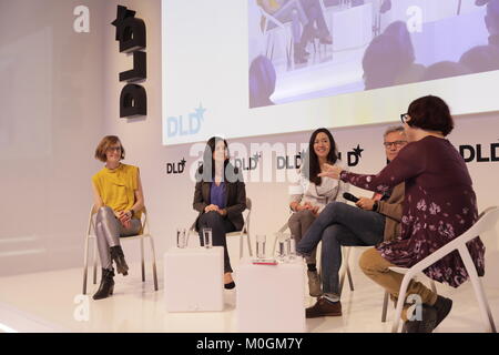 MUNICH/GERMANY - JANUARY, 21: (L-R) Ida Tin (Clue), Piraye Yurttas  Beim (Celmatix), Tania Boler (Elvie), Martin Varsavsky (Prelude Fertilitly), Ina Fried (AXIOS) in conversation at a panel discussion during  DLD18 (Digital-Life-Design) Conference at the Bayerischer Staatsbank on January 21th, 2018  in Munich, Germany (Photo: picture alliance / Gandalf Hammerbacher) | usage worldwide Stock Photo