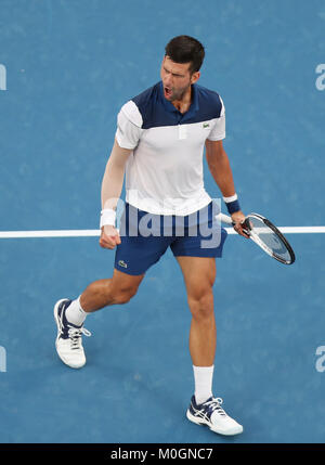 Melbourne, Australia. 22nd Jan, 2018. Novak Djokovic of Serbia reacts during the men's singles fourth round match against Chung Hyeon of South Korea at Australian Open 2018 in Melbourne, Australia, Jan. 22, 2018. Credit: Bai Xuefei/Xinhua/Alamy Live News Stock Photo