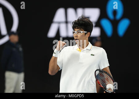 Melbourne, Australia. 22nd Jan, 2018. Korean tennis player Hyeon Chung is in action during his 4th round match at the Australian Open vs Serbian tennis player Novak Djokovic on Jan 22, 2018 in Melbourne, Australia - Credit: Yan Lerval/Alamy Live News Stock Photo