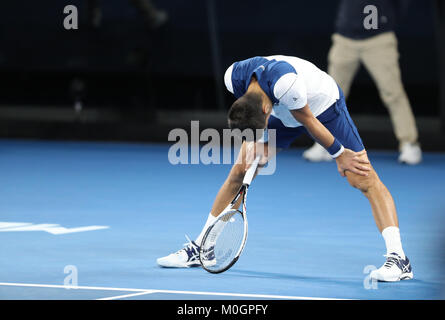 Melbourne, Australia. 22nd Jan, 2018. Serbian tennis player Novak Djokovic is in action during his 4th round match at the Australian Open vs Korean tennis player Hyeon Chung on Jan 22, 2018 in Melbourne, Australia - Credit: Yan Lerval/Alamy Live News Stock Photo