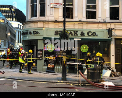 London, UK. 22nd Jan, 2018. London Fire Brigade attend fire at Steak & Co. restaurant and offices on London's Haymarket causing major traffic disruption in the area. Credit: Daniel Mitchell/Alamy Live News Stock Photo