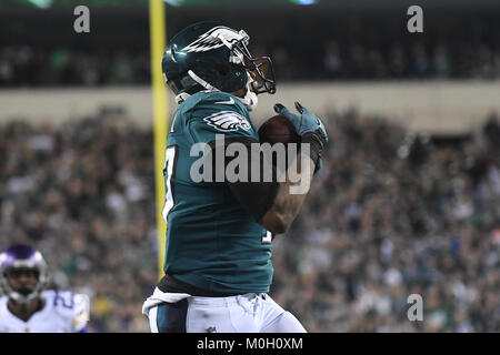 Philadelphia Eagles wide receiver Alshon Jeffery (17) runs with the ball  after a catch during an NFL football game, Thursday, Sept. 26, 2019, in  Green Bay, Wis. The Eagles defeated the Packers