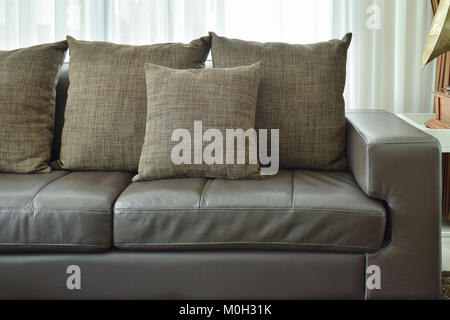 Brown texture pillows on deep brown leather sofa in the living room Stock Photo