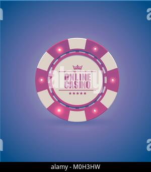 Vector red white casino poker chip with luminous light elements. Purple retro effect background. Poker club text, blackjack or online casino banner Stock Vector