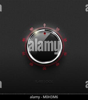 Realistic glass black combination safe lock volume element with chrome metal ring on textured plastic dark background. Red glossy round scale. Vector  Stock Vector