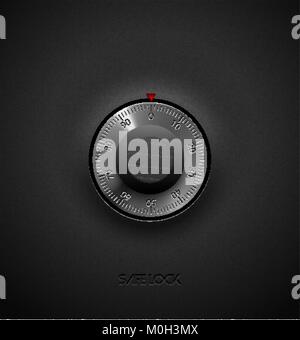 Realistic combination safe lock metal and plastic element on textured black background. Stainless steel round scale. Vector icon or design element. Stock Vector