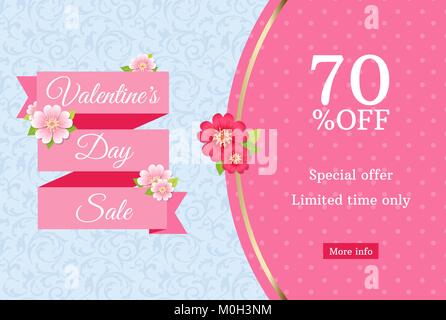 Valentines day sale web banner design template. Pink flat ribbon on blue floral background. Polka dot pattern with 70 percent off discount Stock Vector