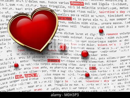 Valentines day white background with glossy red heart in golden frame and glass beads on abstract newspaper text. Love romantic wallpaper Stock Vector