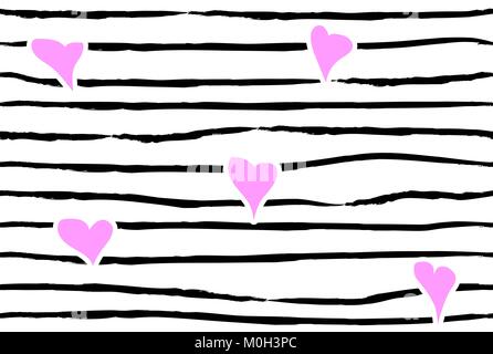 Pink confetti heart on striped background. Seamless love pattern. Hand painted black brush strokes on white. Valentines day emo style wallpaper Stock Vector