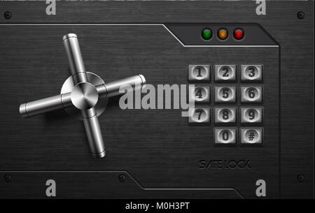 Realistic safe lock metal element on brushed black iron background with rivet. Stainless steel wheel. Vector icon design element. Retro style keypad Stock Vector