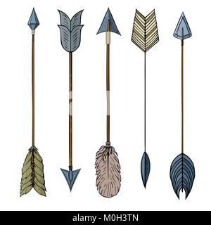 Set of 5 colored hand drawing ink traditional indian arrow. Elements in native style for greeting card and postcard, henna and tattoo design. Stock Vector