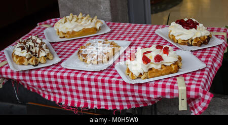 Belgian waffles selling in bakery shop in Bruges, Belgium Stock Photo